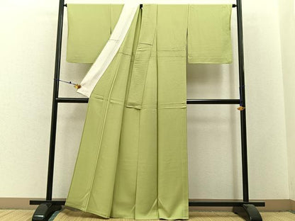 平和屋着物▽上質な色無地　単衣　若菜色　正絹　逸品　BAAX6425hj