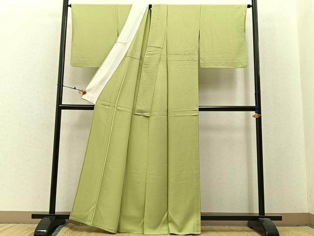 平和屋着物▽上質な色無地　単衣　若菜色　正絹　逸品　BAAX6425hj