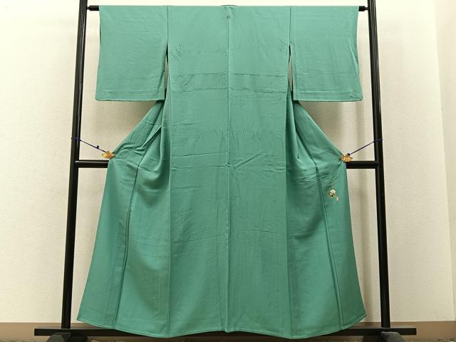 平和屋着物▽上質な色無地　単衣　草木染　花地紋　青磁色　正絹　逸品　BAAX6427hj
