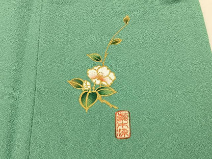 平和屋着物▽上質な色無地　単衣　草木染　花地紋　青磁色　正絹　逸品　BAAX6427hj