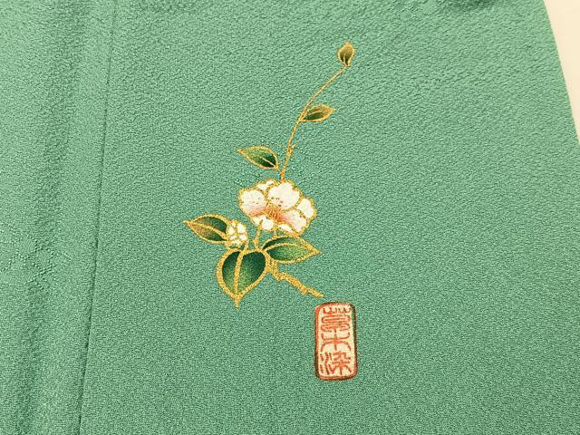 平和屋着物▽上質な色無地　単衣　草木染　花地紋　青磁色　正絹　逸品　BAAX6427hj