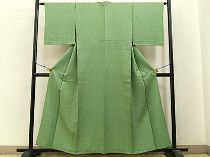 平和屋着物▽上質な色無地　単衣　松竹梅宝尽くし地紋　苗色　正絹　逸品　BAAX6429hj