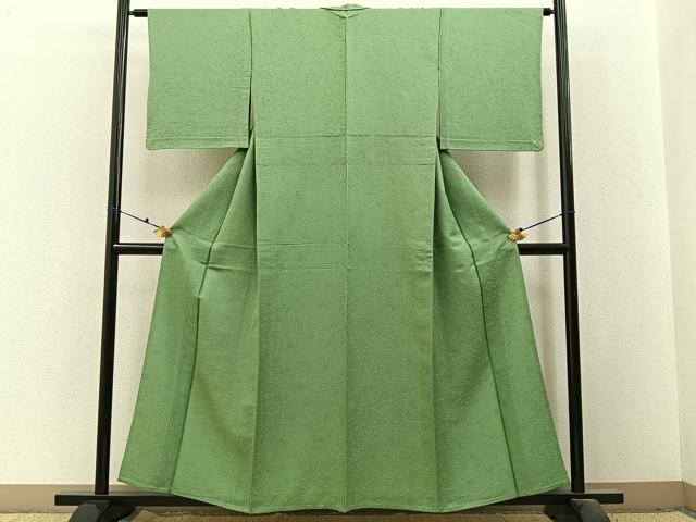 平和屋着物▽上質な色無地　単衣　松竹梅宝尽くし地紋　苗色　正絹　逸品　BAAX6429hj