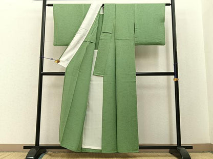平和屋着物▽上質な色無地　単衣　松竹梅宝尽くし地紋　苗色　正絹　逸品　BAAX6429hj
