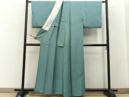 平和屋着物▽上質な色無地　単衣　紗綾形地紋　薄青色　正絹　逸品　BAAX6432hj