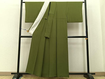 平和屋着物▽上質な色無地　単衣　海松色　正絹　逸品　BAAX6439hj