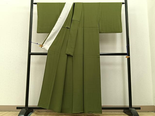 平和屋着物▽上質な色無地　単衣　海松色　正絹　逸品　BAAX6439hj