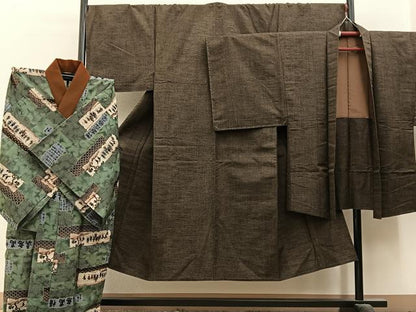 平和屋着物●男性　紬　アンサンブル　長襦袢(無双仕立て)セット　単衣　栗色　正絹　逸品　未使用　BAAX6443hj
