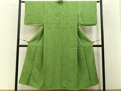 平和屋着物▽上質な色無地　単衣　誰が袖地紋　鶸萌黄色　正絹　逸品　BAAX6449hj