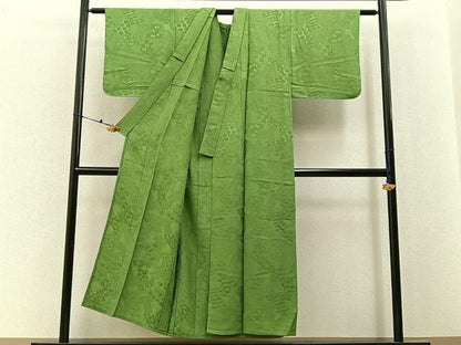 平和屋着物▽上質な色無地　単衣　誰が袖地紋　鶸萌黄色　正絹　逸品　BAAX6449hj