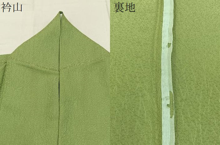 平和屋着物▽上質な色無地　単衣　霞地紋　抹茶色　正絹　逸品　BAAX6451hj