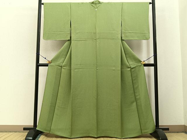 平和屋着物▽上質な色無地　単衣　霞地紋　抹茶色　正絹　逸品　BAAX6451hj