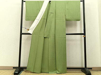 平和屋着物▽上質な色無地　単衣　霞地紋　抹茶色　正絹　逸品　BAAX6451hj