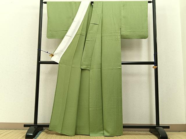 平和屋着物▽上質な色無地　単衣　霞地紋　抹茶色　正絹　逸品　BAAX6451hj