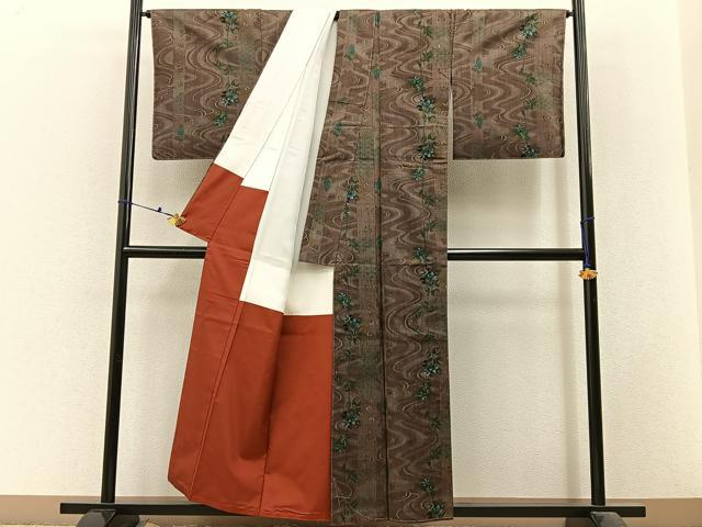 平和屋着物■上質なお召　流水草花文　正絹　逸品　未使用　BAAX6455hj