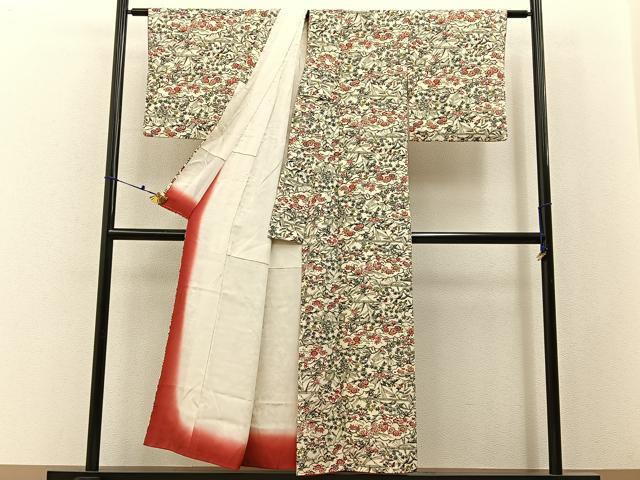 平和屋着物■上質な小紋　型染め　雲取草花文　正絹　逸品　BAAX6461hj