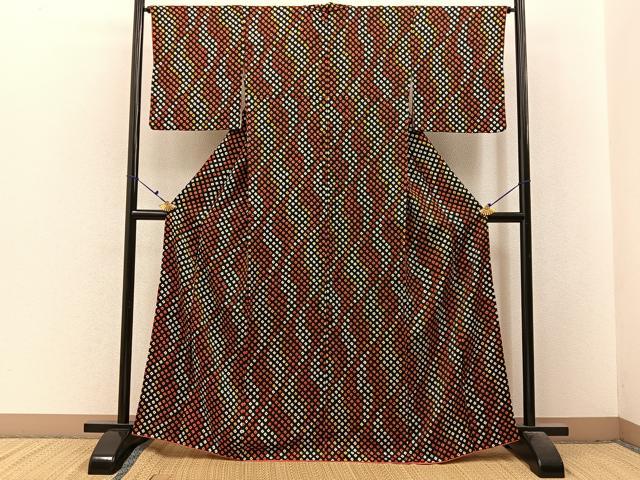 平和屋着物■上質な小紋　総絞り　菱文様　黒地　正絹　逸品　BAAX6463hj