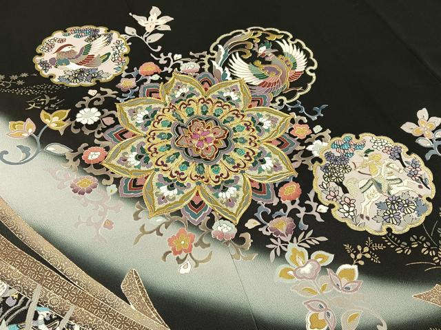平和屋着物●豪華黒留袖　駒刺繍　正倉院花鳥文　金彩　正絹　逸品　BAAX6474hj