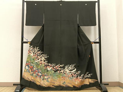 平和屋着物■豪華黒留袖　作家物　刺繍　飛鶴流水花文　金彩　正絹　逸品　BAAX6479hj