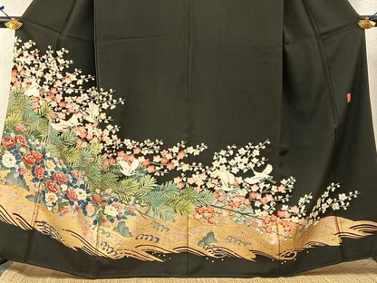 平和屋着物■豪華黒留袖　作家物　刺繍　飛鶴流水花文　金彩　正絹　逸品　BAAX6479hj