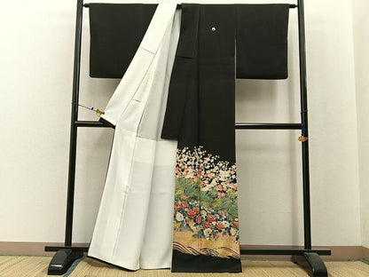 平和屋着物■豪華黒留袖　作家物　刺繍　飛鶴流水花文　金彩　正絹　逸品　BAAX6479hj