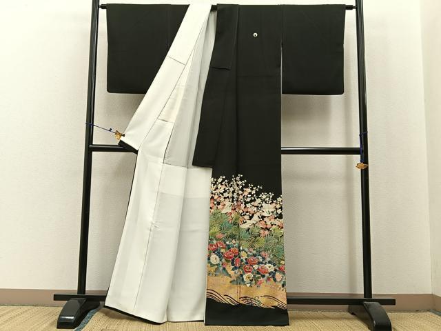 平和屋着物■豪華黒留袖　作家物　刺繍　飛鶴流水花文　金彩　正絹　逸品　BAAX6479hj