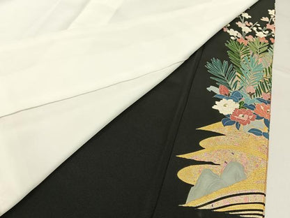 平和屋着物■豪華黒留袖　作家物　刺繍　飛鶴流水花文　金彩　正絹　逸品　BAAX6479hj