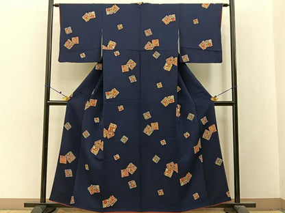 平和屋着物■上質な小紋　色紙重ね更紗花文　鬼しぼ縮緬　正絹　逸品　BAAX6482hj