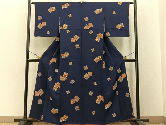 平和屋着物■上質な小紋　色紙重ね更紗花文　鬼しぼ縮緬　正絹　逸品　BAAX6482hj