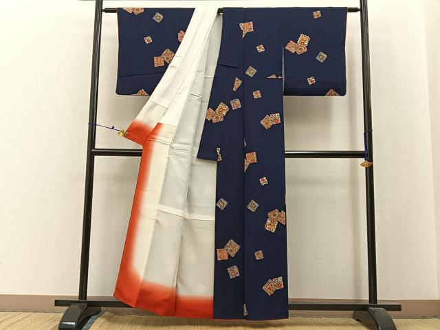 平和屋着物■上質な小紋　色紙重ね更紗花文　鬼しぼ縮緬　正絹　逸品　BAAX6482hj