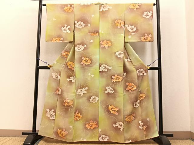 平和屋着物■上質な小紋　ろうけつ染め　椿　暈し染め　鬼しぼ縮緬　正絹　逸品　BAAX6494hj