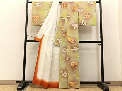 平和屋着物■上質な小紋　ろうけつ染め　椿　暈し染め　鬼しぼ縮緬　正絹　逸品　BAAX6494hj