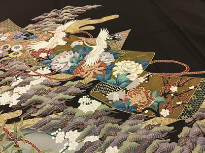 平和屋着物■豪華黒留袖　刺繍　飛鶴絵巻花文　金彩　正絹　逸品　BAAX6504hj