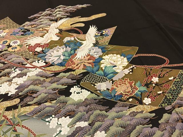 平和屋着物■豪華黒留袖　刺繍　飛鶴絵巻花文　金彩　正絹　逸品　BAAX6504hj