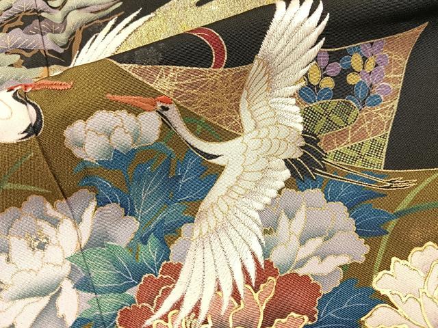 平和屋着物■豪華黒留袖　刺繍　飛鶴絵巻花文　金彩　正絹　逸品　BAAX6504hj