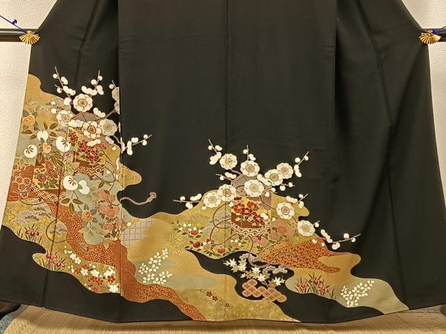 平和屋着物■豪華黒留袖　駒刺繍　貝桶枝花文　金彩　正絹　逸品　BAAX6505hj
