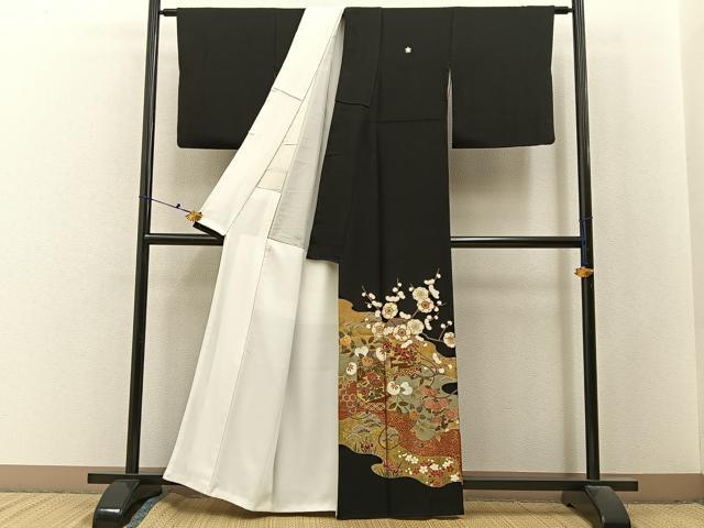 平和屋着物■豪華黒留袖　駒刺繍　貝桶枝花文　金彩　正絹　逸品　BAAX6505hj