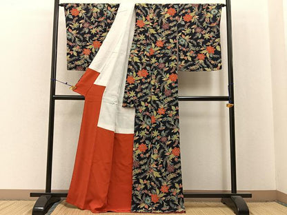 平和屋着物■上質な小紋　草花尽くし　濃紺地　鬼しぼ縮緬　正絹　逸品　BAAX6511hj