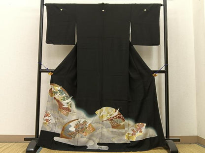 平和屋着物■豪華黒留袖　地紙飛鶴花文　暈し染め　金銀彩　正絹　逸品　BAAX6513hj