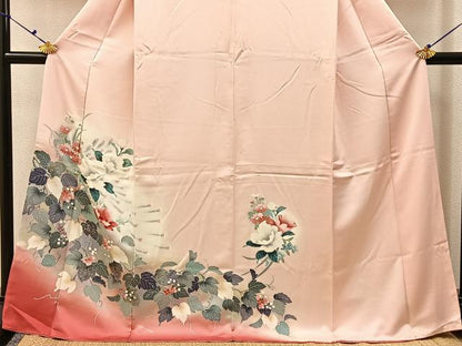 平和屋着物■訪問着　孔雀花文　暈し染め　金銀彩　ロング丈　正絹　逸品　BAAX6517hj
