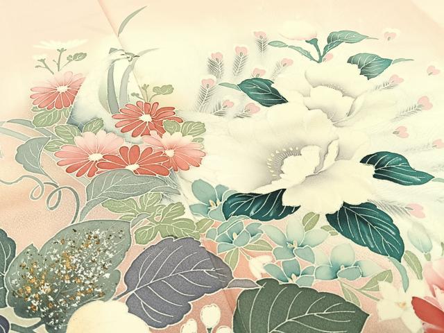 平和屋着物■訪問着　孔雀花文　暈し染め　金銀彩　ロング丈　正絹　逸品　BAAX6517hj