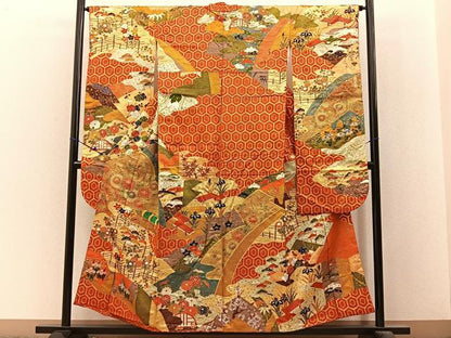 平和屋着物■豪華振袖　駒刺繍　風景草花文　金彩　正絹　逸品　BAAX6519hj