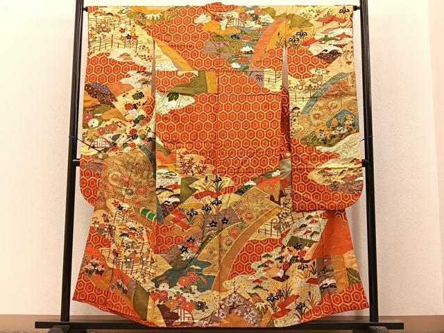 平和屋着物■豪華振袖　駒刺繍　風景草花文　金彩　正絹　逸品　BAAX6519hj