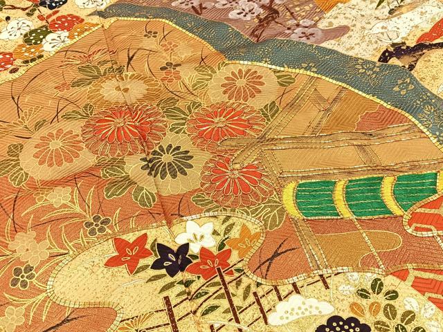 平和屋着物■豪華振袖　駒刺繍　風景草花文　金彩　正絹　逸品　BAAX6519hj
