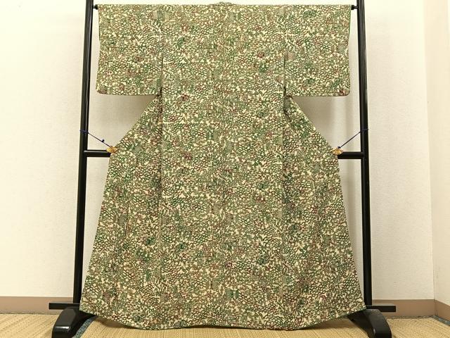 平和屋着物■上質な小紋　型染め　流水草花文　正絹　逸品　BAAX6522hj