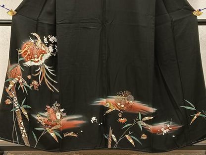 平和屋着物■豪華黒留袖　刺繍　鳳凰　宝尽くし花文　暈し染め　金銀彩　正絹　逸品　未使用　BAAX6533hj