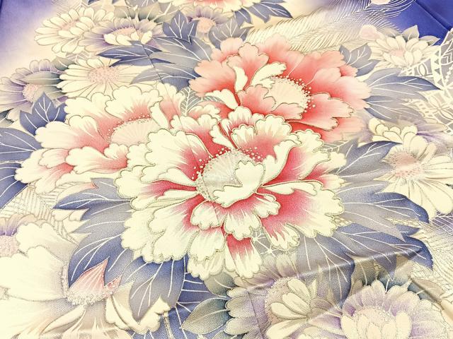 平和屋着物■豪華振袖　駒刺繍　牡丹孔雀羽文　暈し染め　銀彩　正絹　逸品　BAAX6534hj