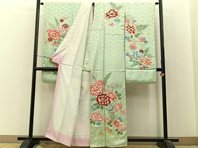 平和屋着物■豪華振袖　総刺繍　草花文　金銀糸　正絹　逸品　BAAX6538hj