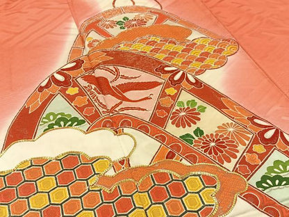 平和屋着物■豪華振袖　駒刺繍　鳳凰片輪車花文　暈し染め　正絹　逸品　BAAX6540hj