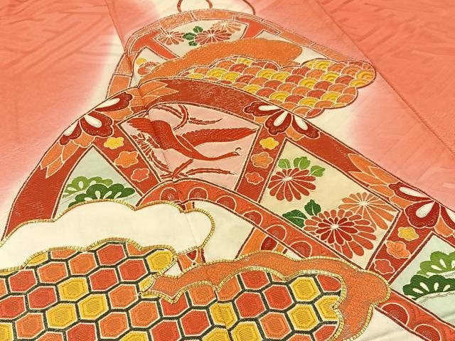 平和屋着物■豪華振袖　駒刺繍　鳳凰片輪車花文　暈し染め　正絹　逸品　BAAX6540hj